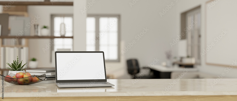 Minimal white home workspace with laptop mockup, apple tray, books, and copy space. Minimal white home workspace with laptop mockup, apple tray, books, and copy space.