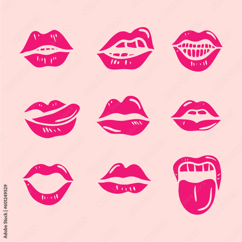 Hand Drawn Lips Pose Vector Pink Background Hand Drawn Lips Pose Vector Pink Background