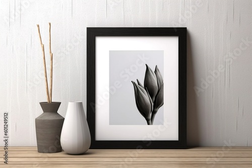 A mockup black or wooden frame with a white mat for an 8x10 inch photograph for modern or minimalist decor photo