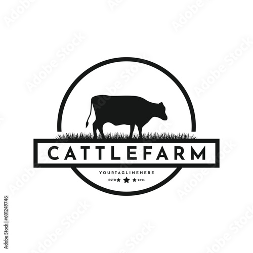 Retro vintage cattle angus, cow symbol beef emblem label livestock logo design vector