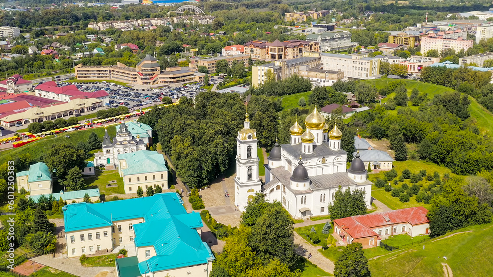 Dmitrov, Russia - August 19, 2020: Cathedral of the Assumption of the Blessed Virgin Mary - located in the Dmitrov Kremlin. An architectural monument of the early 16th century, Aerial View