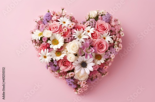 a heart shaped bouquet of flowers with hearts on a pink surface  generative ai