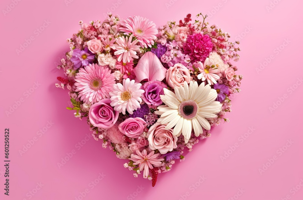 a heart shaped bouquet of flowers with hearts on a pink surface, generative ai a heart shaped bouquet of flowers with hearts on a pink surface, generative ai