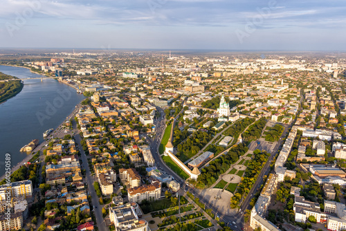 Astrakhan, Russia. Astrakhan Kremlin. Panorama of the city from the air in summer. Volga river. Sunset time. Aerial view