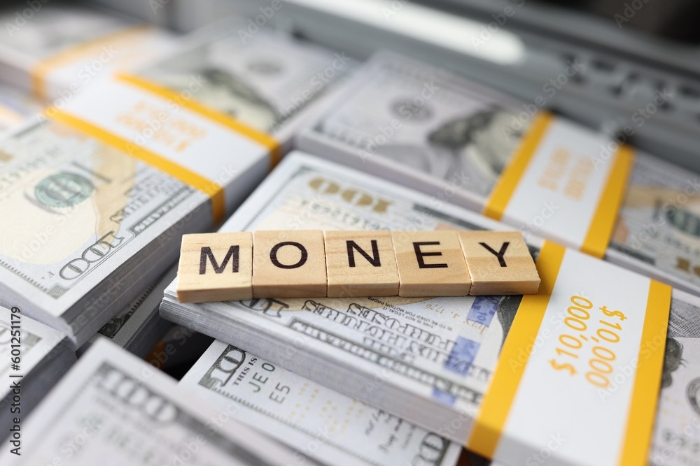 Money word collected with wooden blocks on pile of cash, suitcase with money