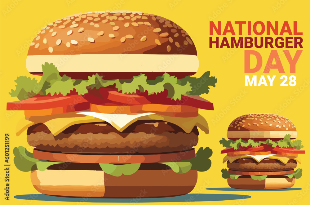 vector of two big and small hamburger with bold text to celebrate national hamburger day may 28 isolated on yellow background - obrazy, fototapety, plakaty 