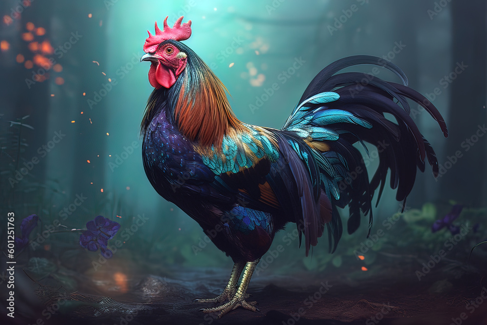Image of a beautiful colorful rooster on nature background. Farm animal. Illustration, Generative AI.