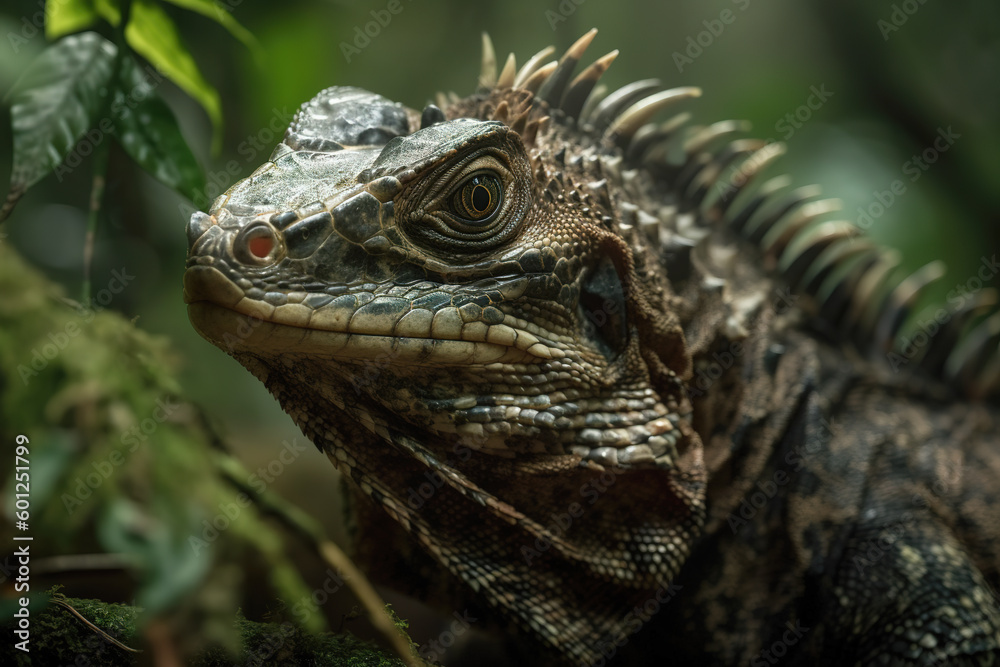 Fototapeta premium Image of iguana in the forest. Reptile. Illustration. Generative AI.