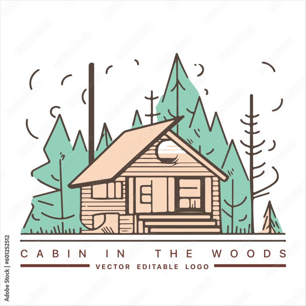 Obraz premium Wood cabin logo template. Cabin in the woods vector illustration. Cabin rentals logo. Chalet in the forest sticker