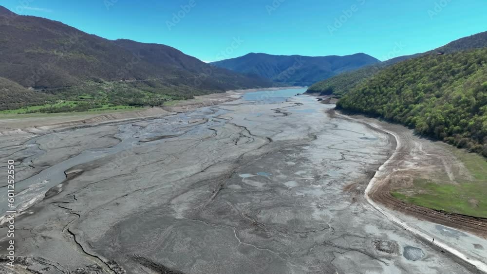Panoramic Aerial View Of Nearly Dry River Of The Aragvi In The East of Georgia, Europe. Panoramic Aerial View Of Nearly Dry River Of The Aragvi In The East of Georgia, Europe.