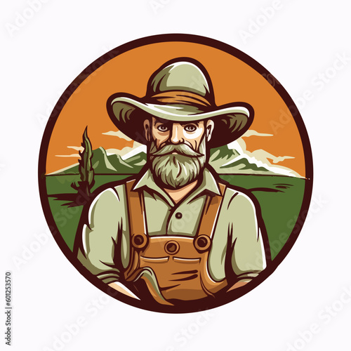 Old man farmer wearing hat vintage retro logo badge vector illustration