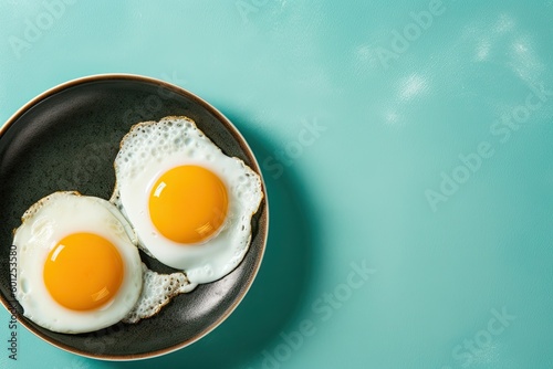 Fried Eggs Top Down View on Light Blue Table Generative Ai Breakfast Food