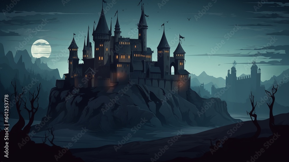 Dark castle illustration at night background