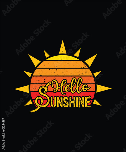 Hello Sunshine Summer Paradise T-shirt, Vintage Retro Color Sunset Sun Vector Printing Adventure Design Ideas