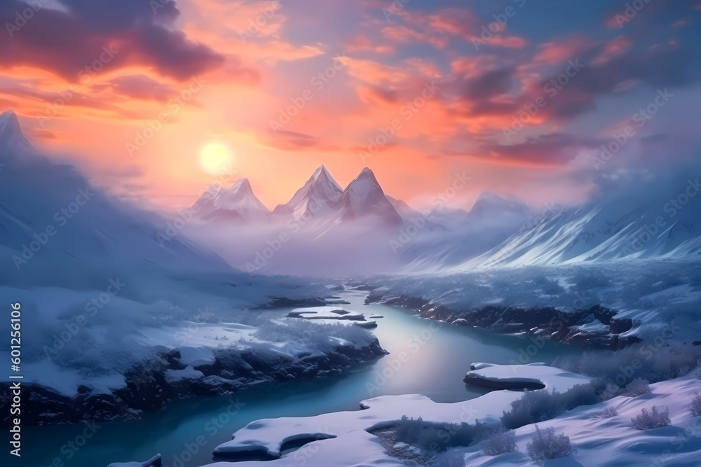 Sunrise over the snow covered mountains, created using generative AI.