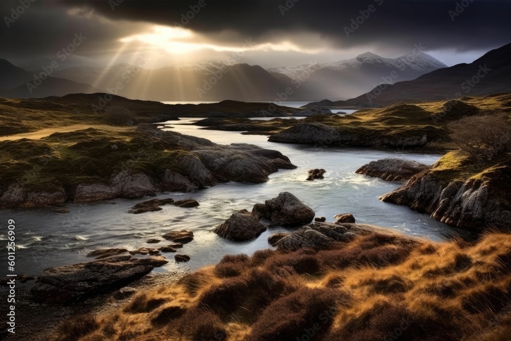 Scottish Highlands River Valley, Stunning Scenic Landscape Wallpaper, Generative AI
