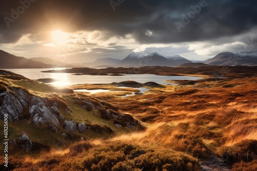 Scottish Highlands River Valley, Stunning Scenic Landscape Wallpaper, Generative AI
 photo