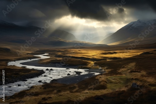 Scottish Highlands River Valley, Stunning Scenic Landscape Wallpaper, Generative AI 