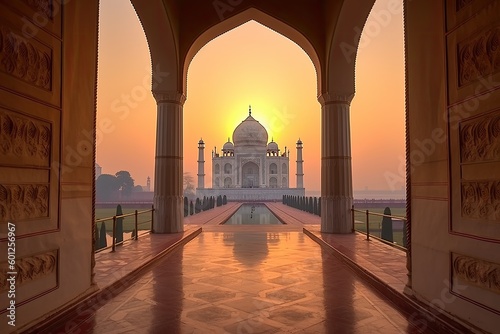 Sunset over Taj Mahal, India, Agra, Stunning Scenic Landscape Wallpaper, Generative AI