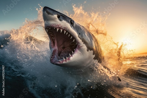 Shark Breaching Above Ocean, Tourism Travel, Stunning Scenic Seascape Wallpaper, Generative AI  © Distinctive Images