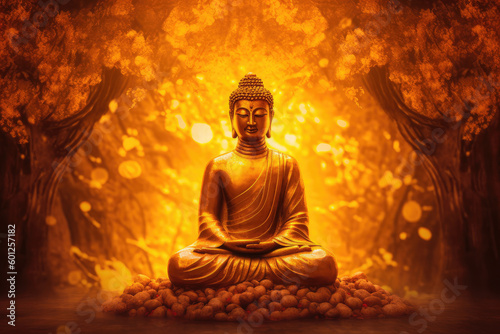 glowing Lotus flowers and gold buddha statue  generative AI