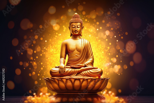 glowing Lotus flowers and gold buddha statue  generative AI