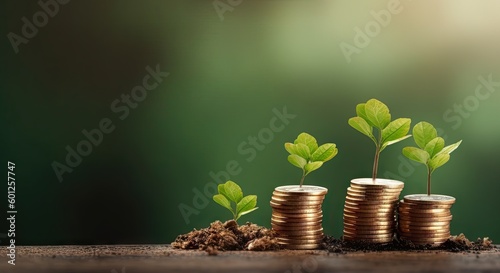 Growing Economy. Investment and Business Concept with Green Plant and Stacked Coins on Blurred Background. Generative AI illustrations. 