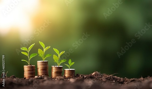 Growing Economy. Investment and Business Concept with Green Plant and Stacked Coins on Blurred Background. Generative AI illustrations. 