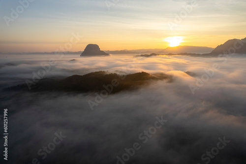 Top view Landscape of Morning Mist with Mountain Layer at Meuang Feuang