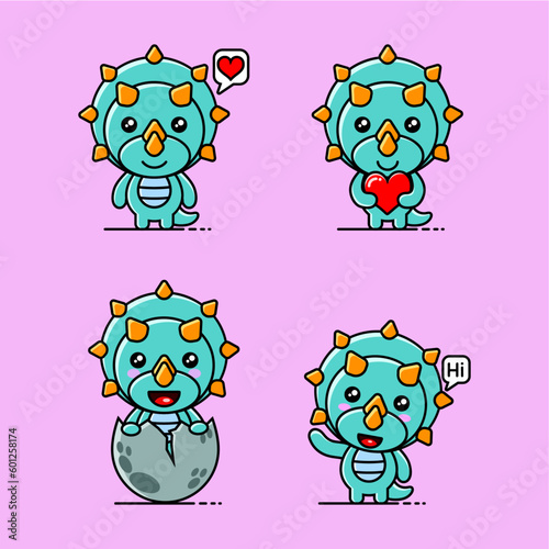 фотографія A set of cute triceratops dinosaurs illustration vector