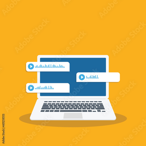 Laptop with voice messages on screen . Voice and audio messages. Modern communication in messenger. Online chat. Social media design concept. Computer with chat app and voice messages bubbles