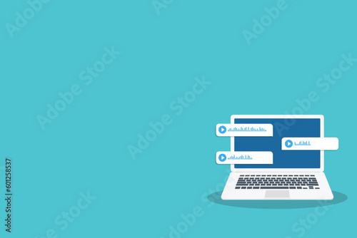 Laptop with voice messages on screen . Voice and audio messages. Modern communication in messenger. Online chat. Social media design concept. Computer with chat app and voice messages bubbles