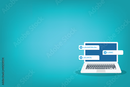 Laptop with voice messages on screen . Voice and audio messages. Modern communication in messenger. Online chat. Social media design concept. Computer with chat app and voice messages bubbles