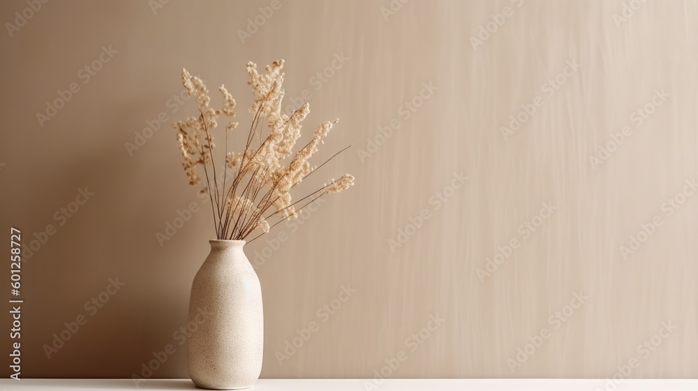 Vase with decorative dry plant branch against beige wall background. Minimalist interior mockup. Generative AI
