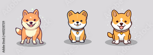 Set of cute 3 shiba inu dog cartoon character vector illustration
