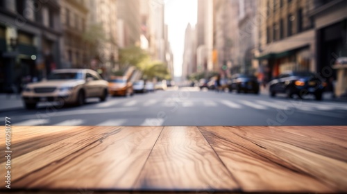 Wood table mockup with New York city street in shallow depth of field. Copy space for product. Generative AI