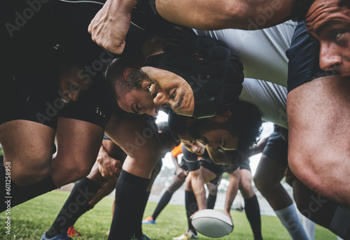 Schilderij op canvas Sports, rugby and players in a scrum on a field during a game, workout or training in a stadium