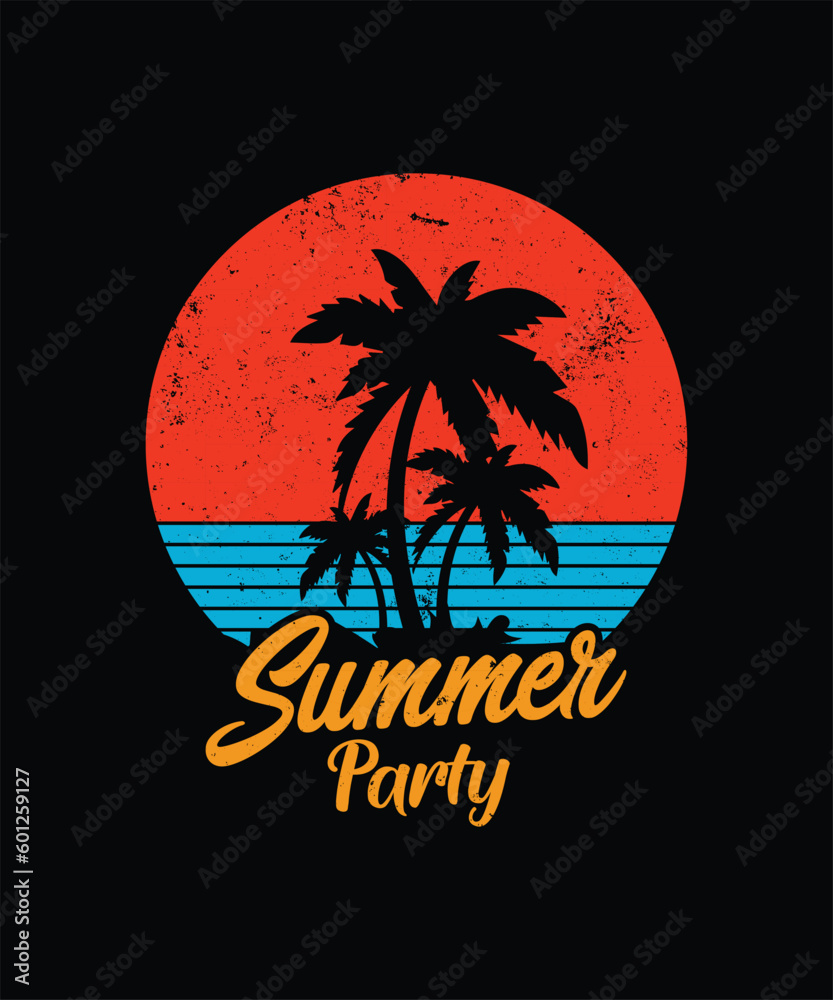Summer Party Beach Vacation T-shirts, Retro Vintage Colour Palm Tree Vector Retirement Beach Theme Vector Design Template