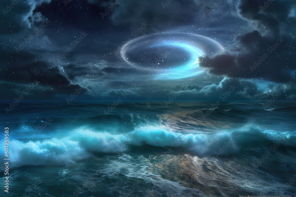 A stormy night sky overlooking the ocean with waves rolling onto shore - Generative AI Content