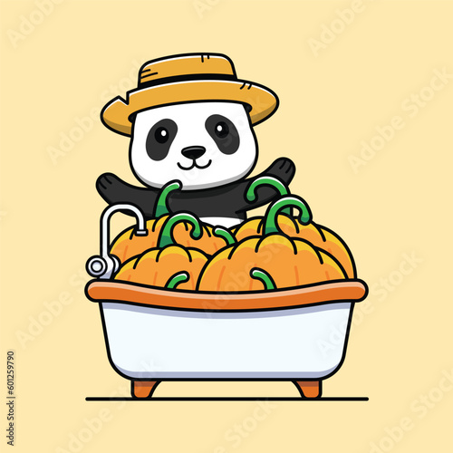 Cute panda cartoon character in a bathtub with pumpkins. Vector illustration.