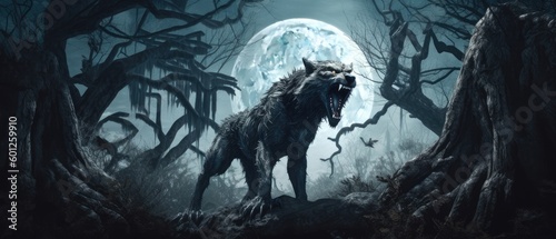 werewolf howling at the moon in a forest with twisted trees Generative AI