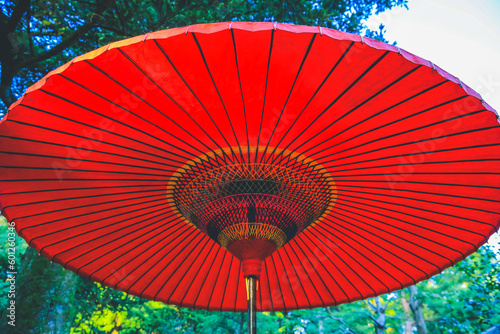 a close up of Japanese red umbrella at Kenroku Garden