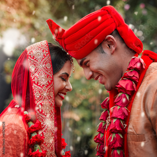 Schilderij op canvas Wedding, marriage and hindu couple together in celebration of love or commitment at a ceremony