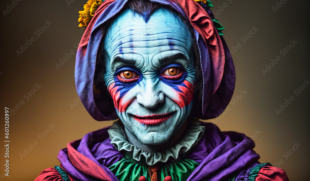 Portrait of the creepy jester. Generative AI