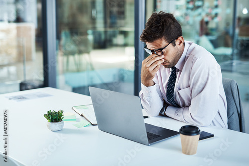 Fotografie Stress, headache and man on laptop in office frustrated with glitch, mistake or crisis