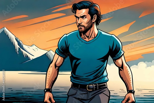 a burly and brave man was standing close to blue the ocean.Comic style Generative AI.