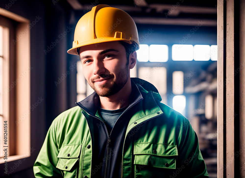 Young man in hard hat at construction site. Portrait of male construction worker on background of building under construction. Generative AI. Young man in hard hat at construction site. Portrait of male construction worker on background of building under construction. Generative AI.