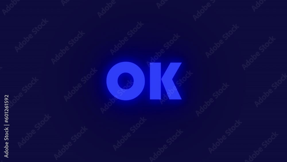 OK banner, word and neon sign isolated on blue background, animation and creativity with rainbow color. Text, font and abstract graphic art with mockup space, glow and design in a studio