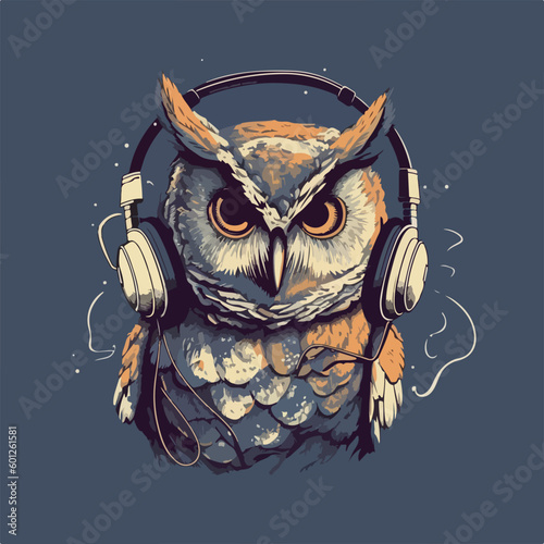 Owl with headphone earphone music hipster cool style vintage retro logo badge vector illustration