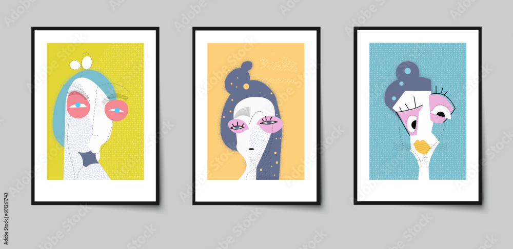 Set of abstract vector, drawing and painting human faces. Illustration minimal doodle portrait. Colorful geometric shapes. Modern contemporary art, graphic design for artwork, poster, cover background Set of abstract vector, drawing and painting human faces. Illustration minimal doodle portrait. Colorful geometric shapes. Modern contemporary art, graphic design for artwork, poster, cover background